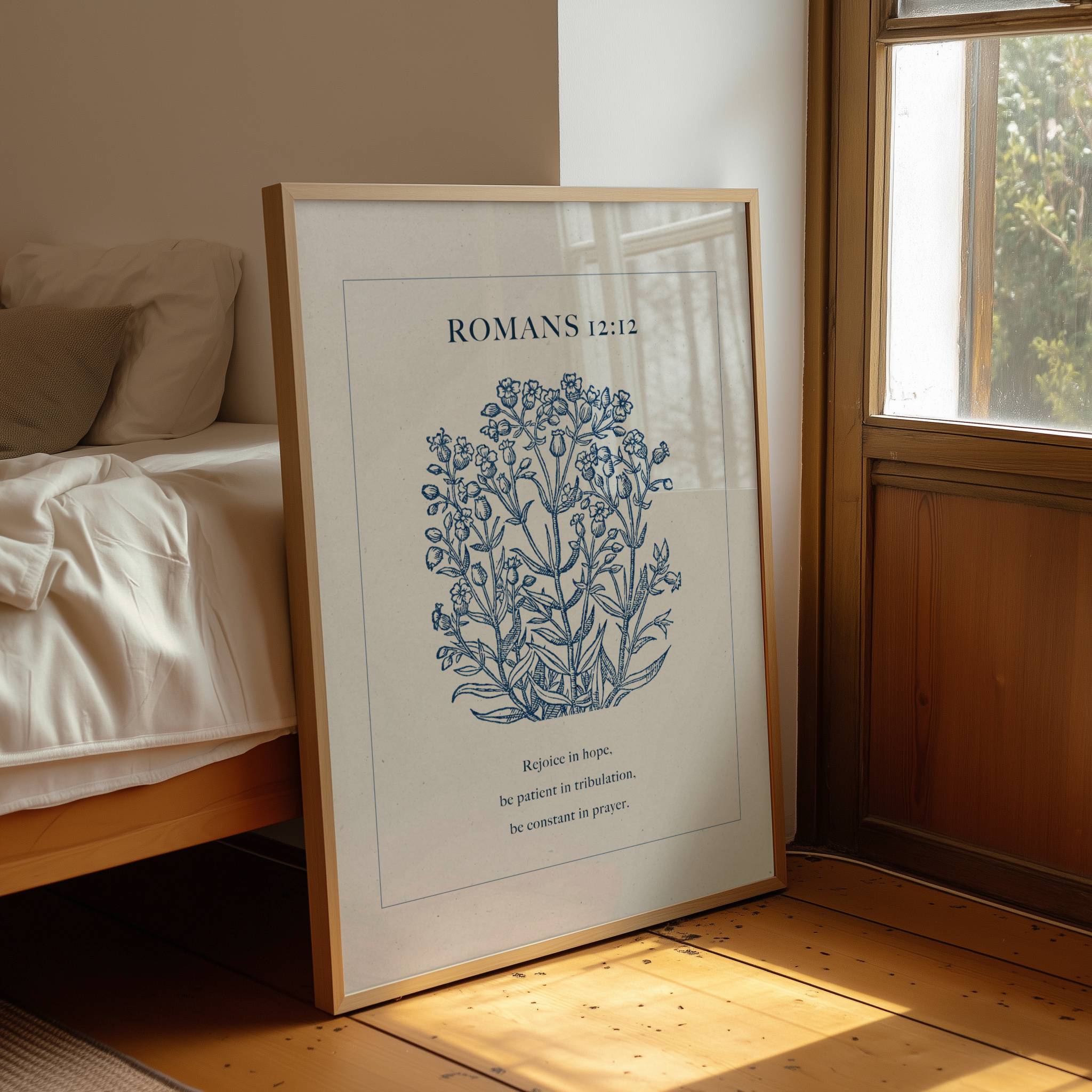 Romans 12:12 Blue Botanical Printable Scripture Art