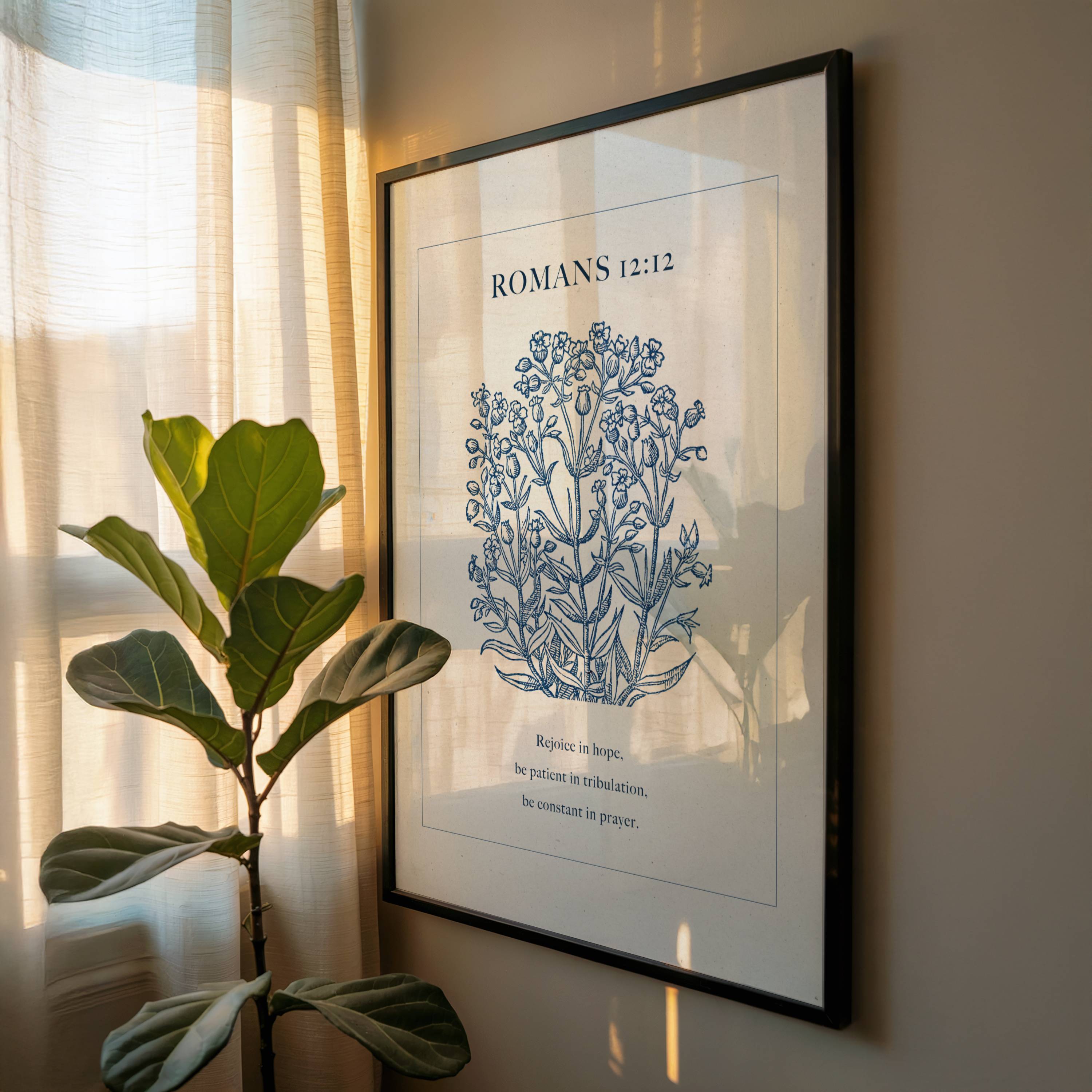 Romans 12:12 Blue Botanical Printable Scripture Art