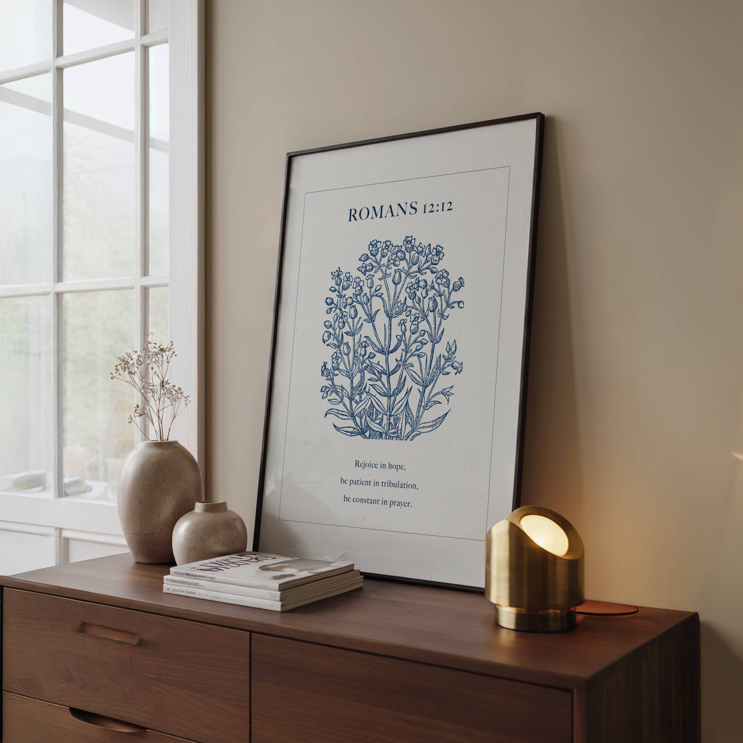Romans 12:12 Blue Botanical Printable Scripture Art