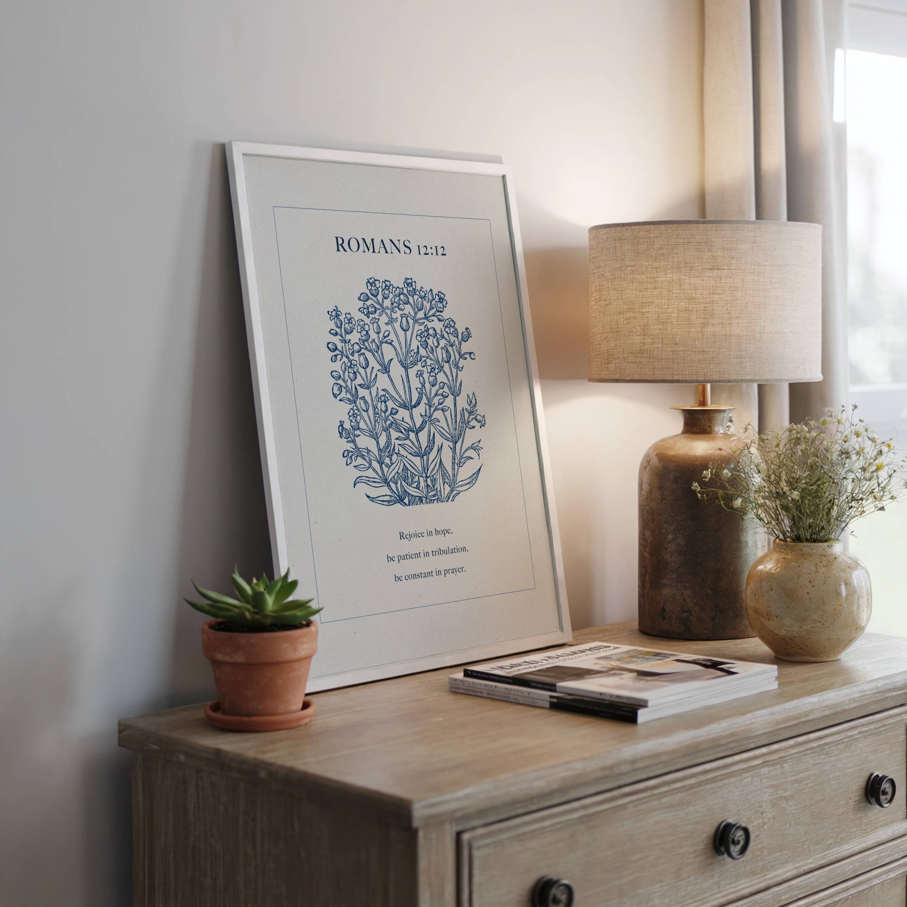 Romans 12:12 Blue Botanical Printable Scripture Art