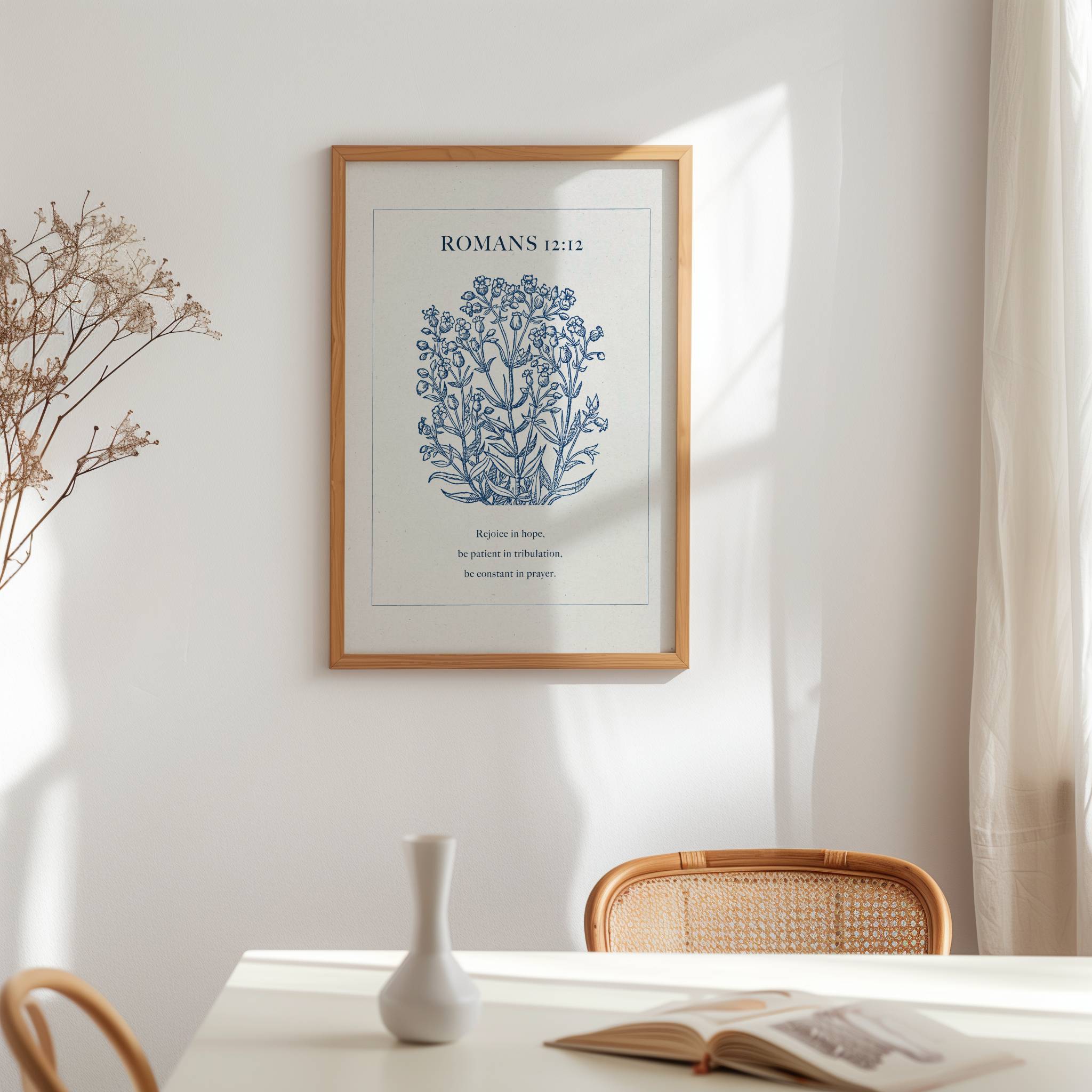 Romans 12:12 Blue Botanical Printable Scripture Art