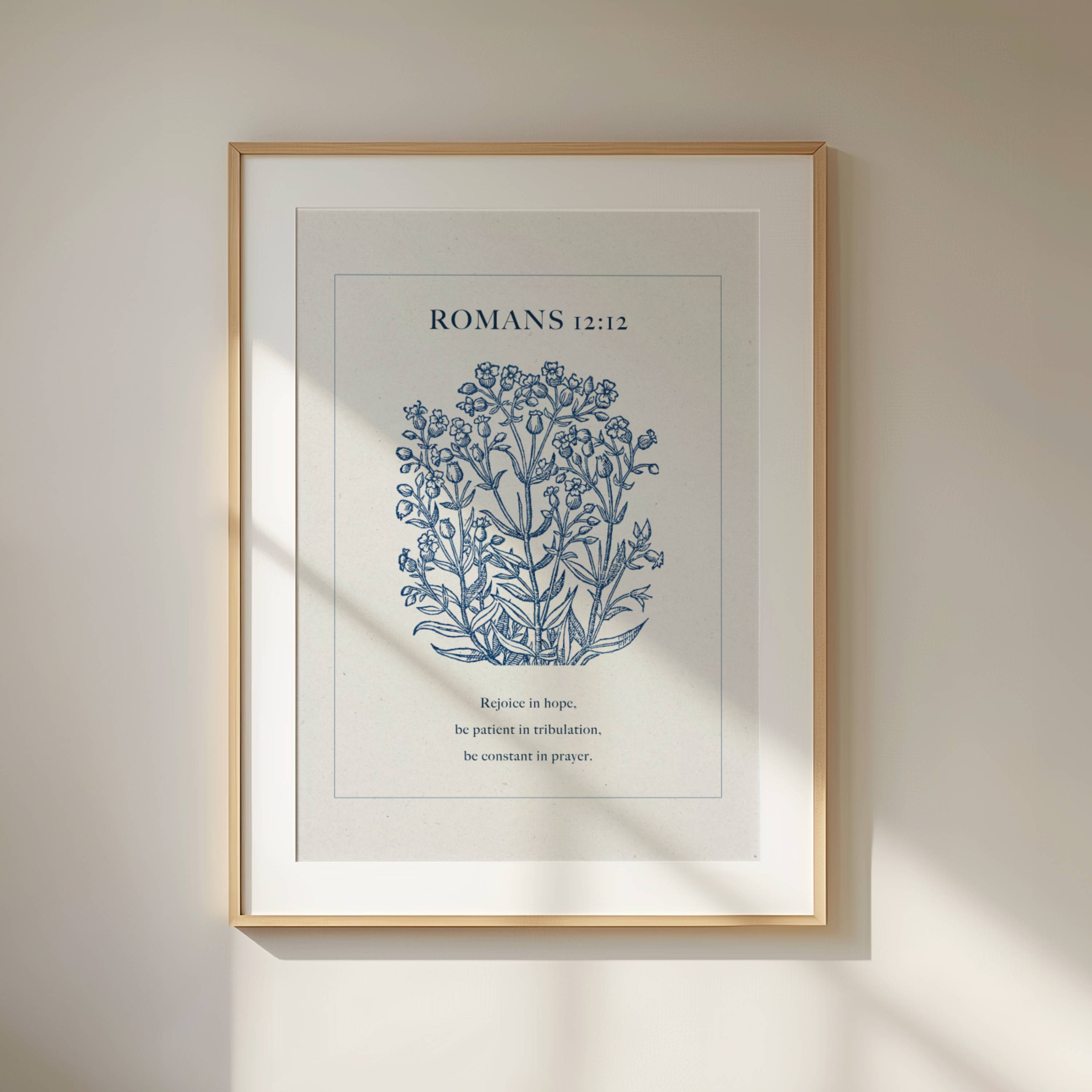 Romans 12:12 Blue Botanical Printable Scripture Art