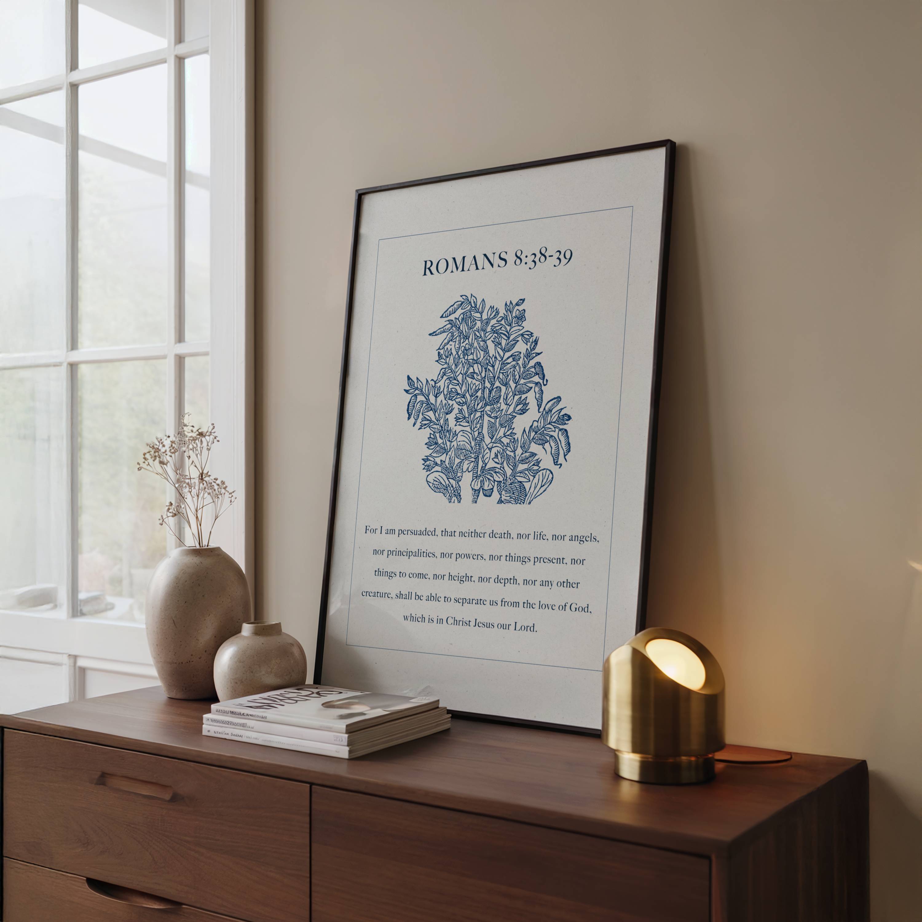 Romans 8:38–39 Scripture Printable – Blue Botanical Wall Art
