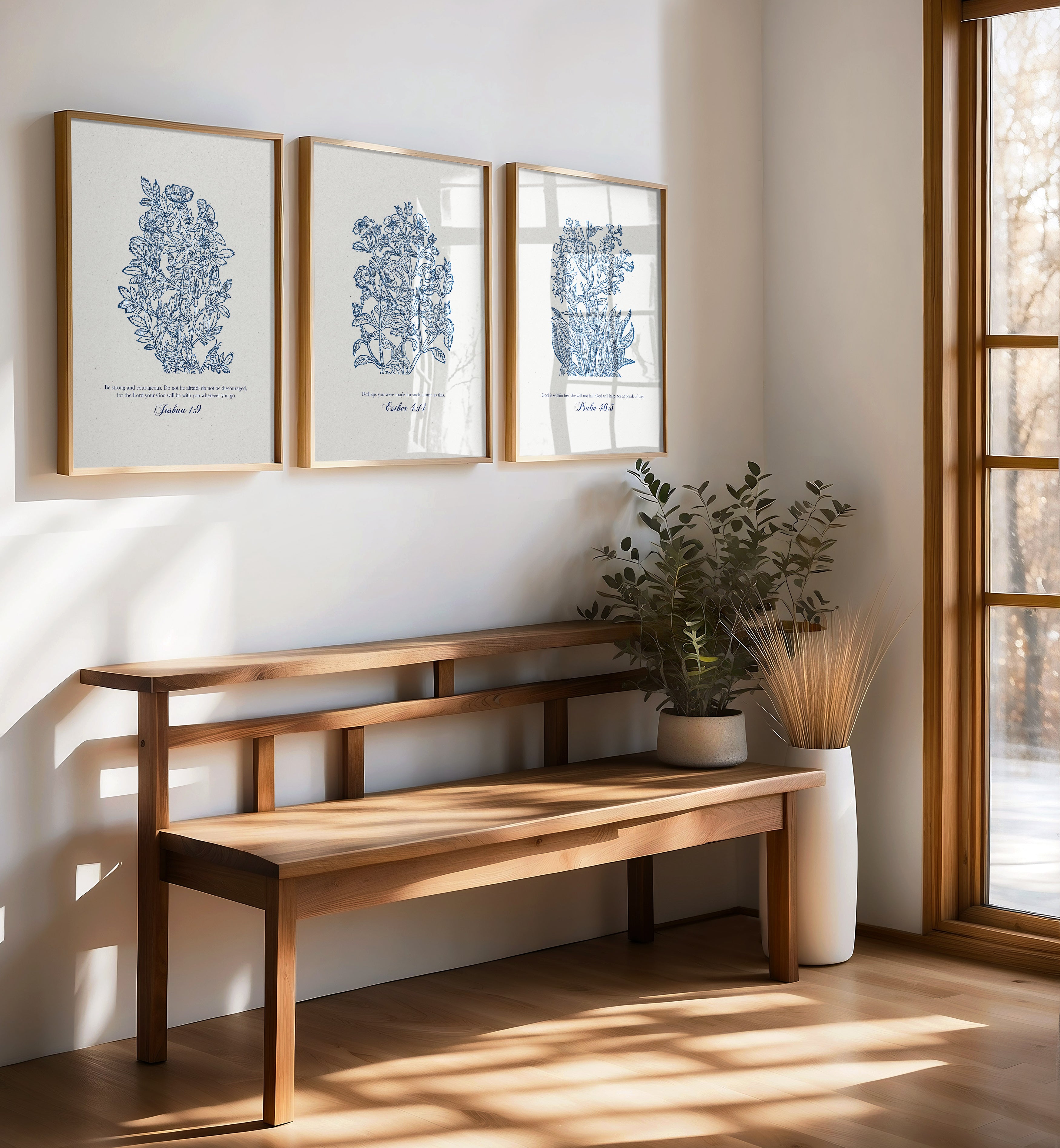 Christian Floral Scripture Prints Set - Blue Botanical Wall Art - Reflourish Collective