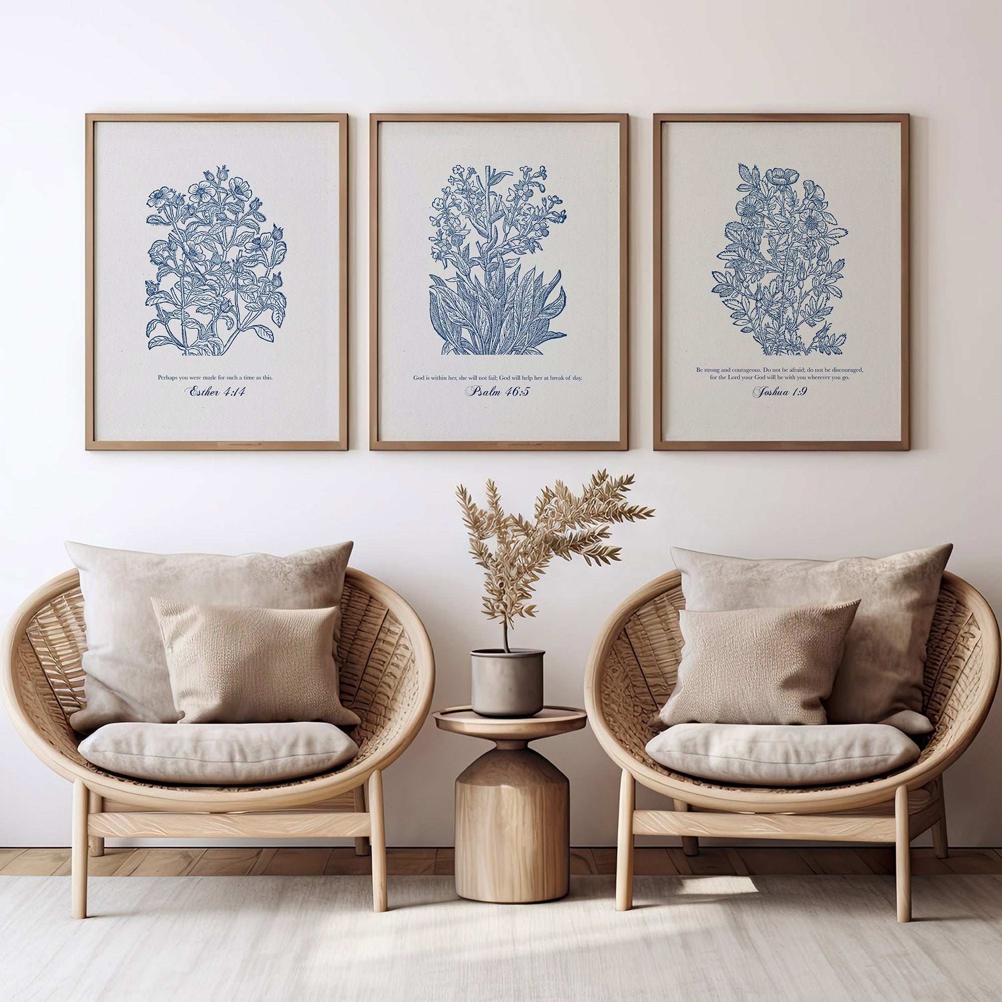 Christian Floral Scripture Prints Set - Blue Botanical Wall Art - Reflourish Collective