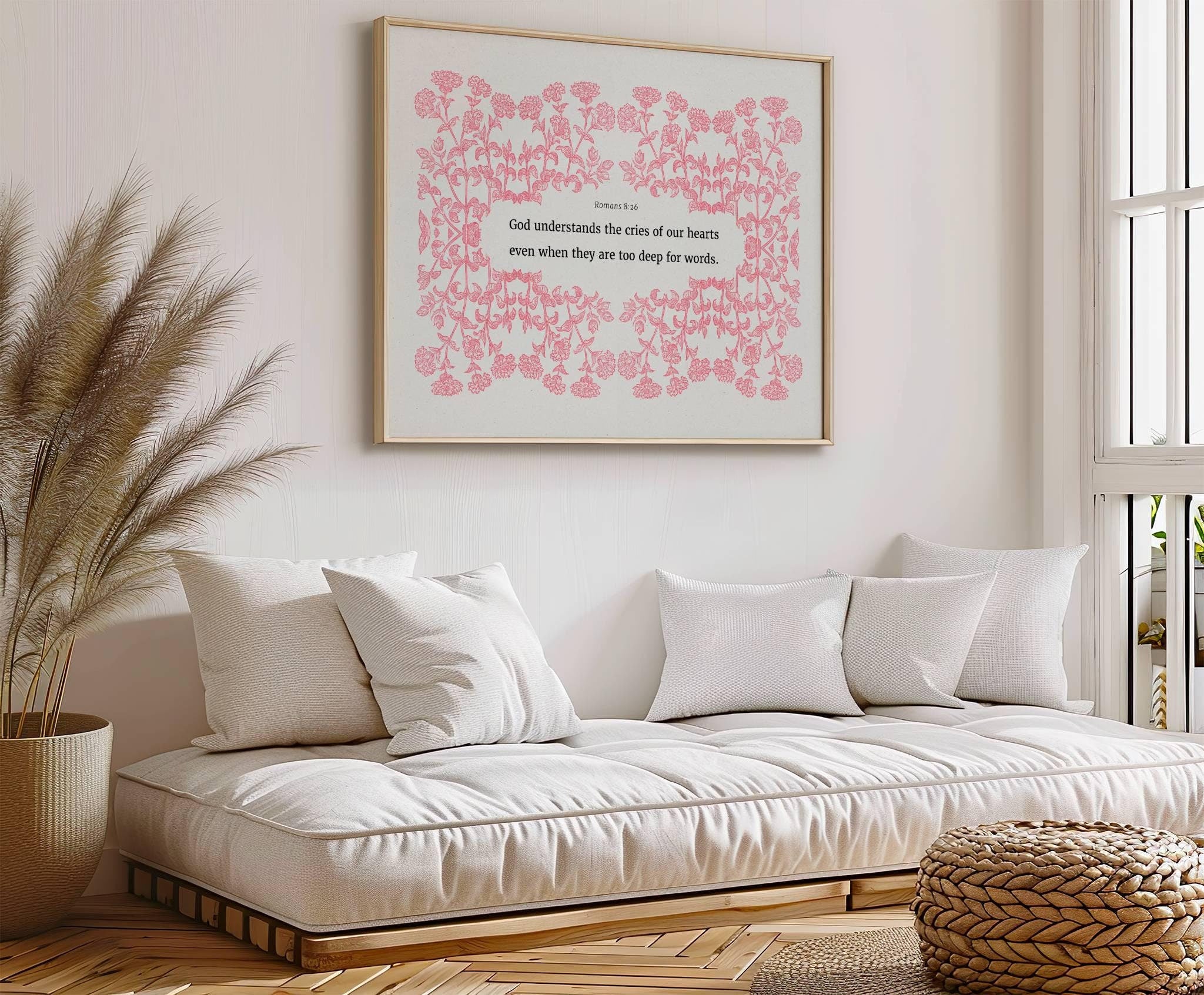 Romans 8:26 Scripture Wall Art - God Hears Us Pink Botanical Print - Reflourish Collective