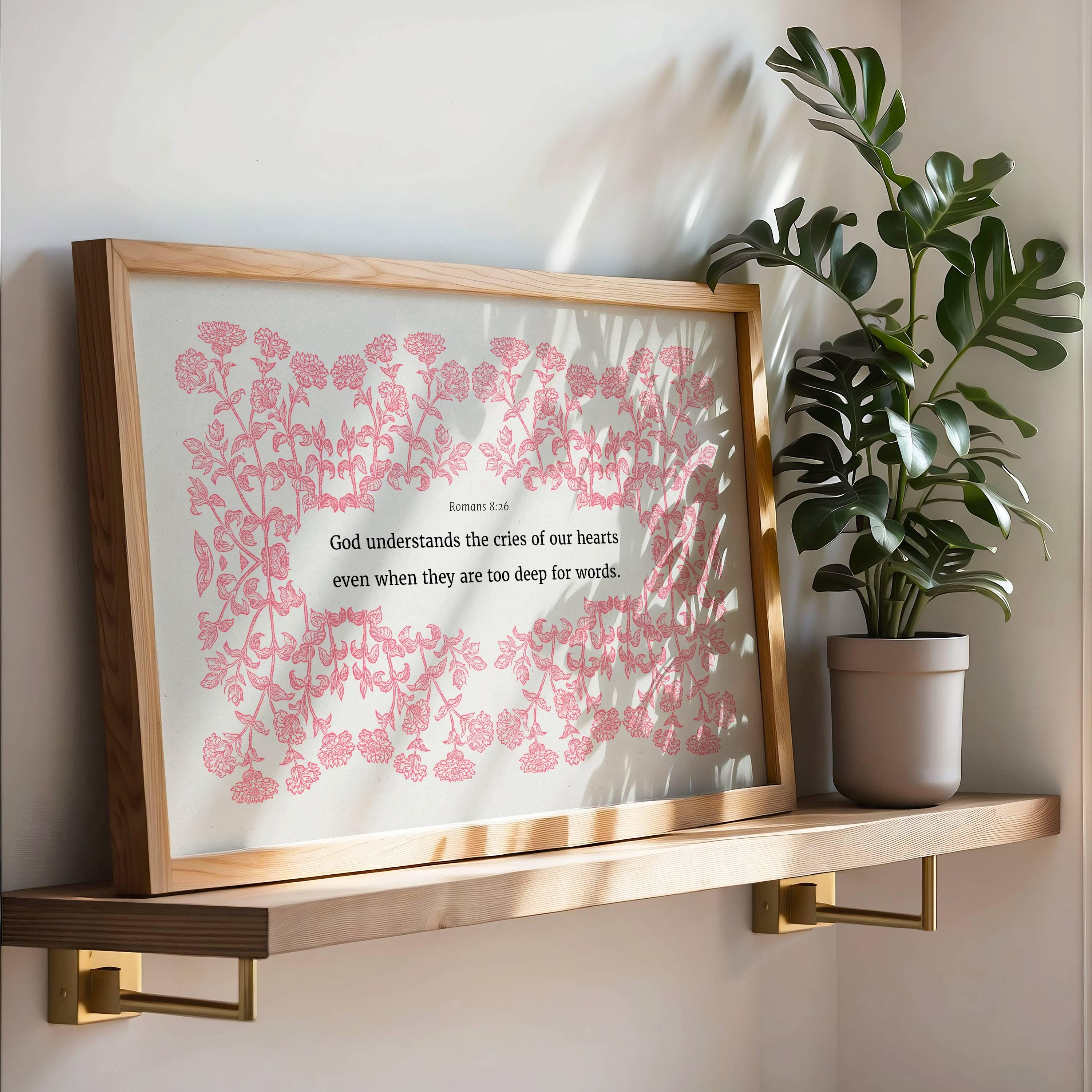Romans 8:26 Scripture Wall Art - God Hears Us Pink Botanical Print - Reflourish Collective