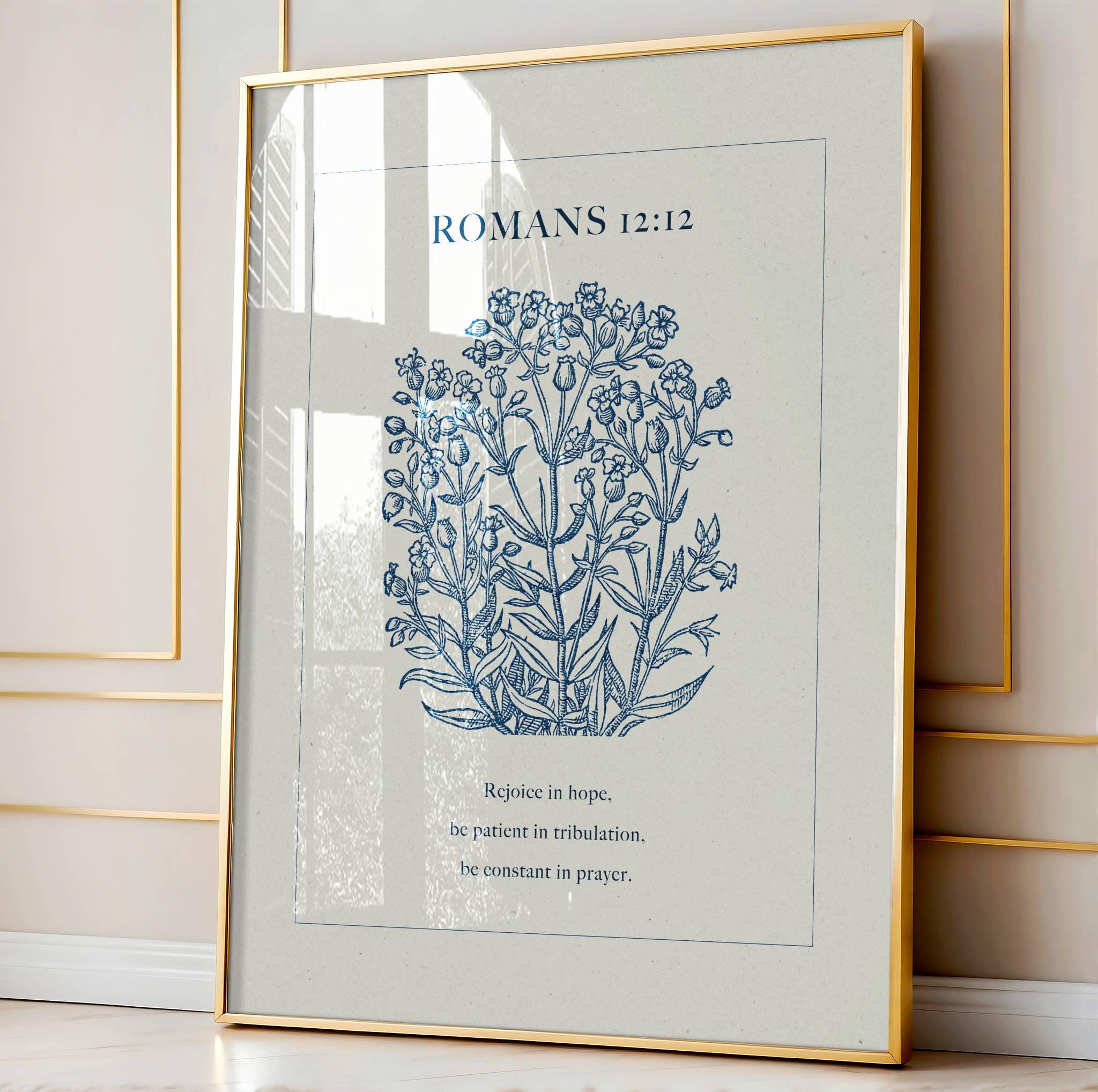 Romans 12:12 Scripture Wall Art - Hope Patience Prayer Blue Botanical Print - Reflourish Collective