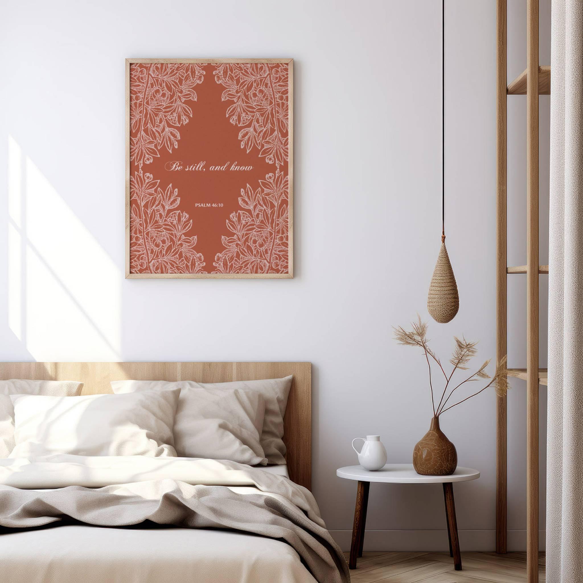 Psalm 46:10 Scripture Wall Art - Be Still and Know Terracotta Floral Print - Reflourish Collective
