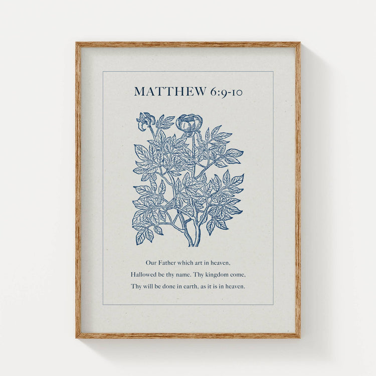 Framed print Bible verse from Matthew 6:9-10 with blue floral design and text on a white background
