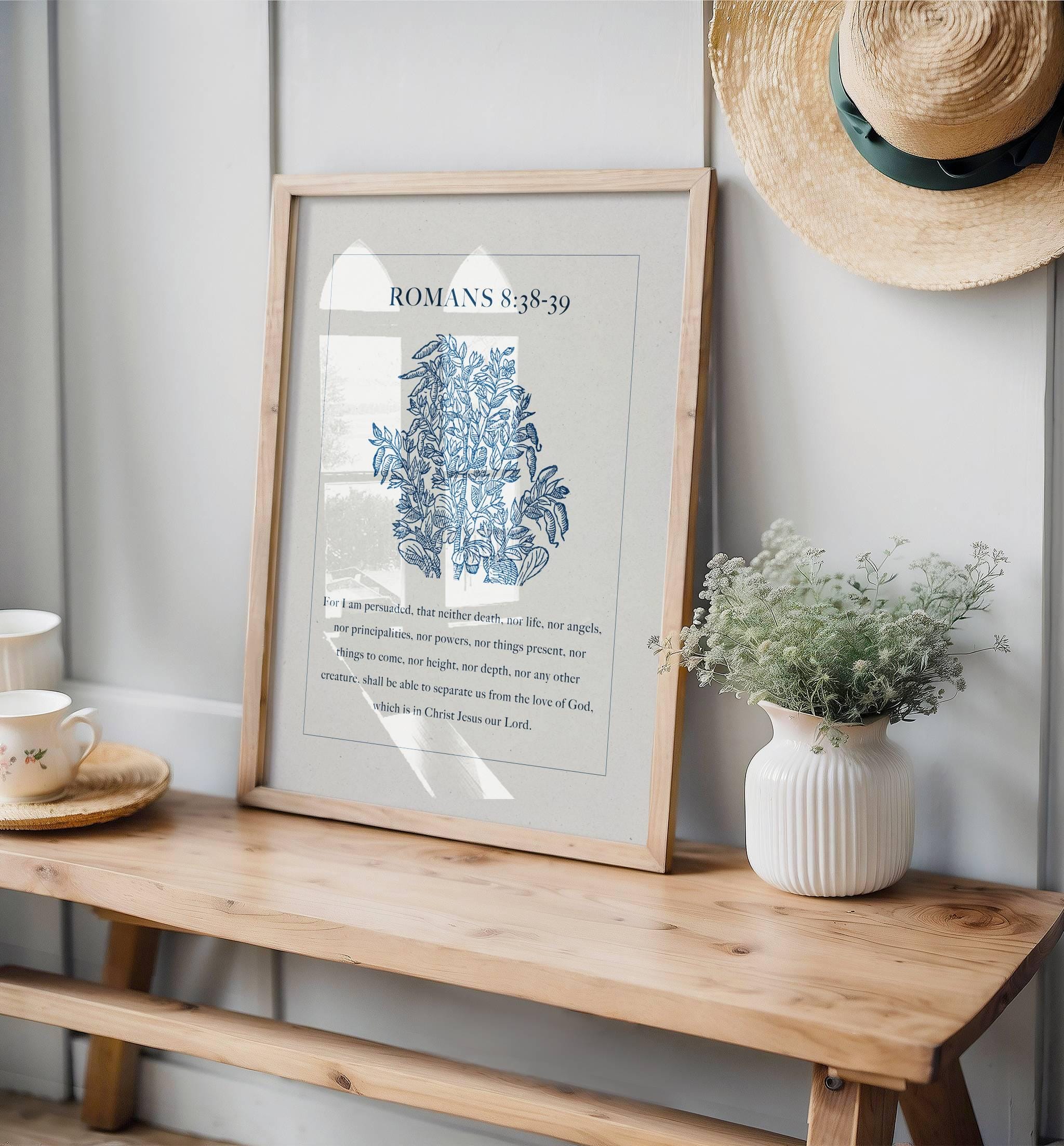 Romans 8:38-39 Scripture Wall Art - Nothing Can Separate Us Blue Botanical Print - Reflourish Collective