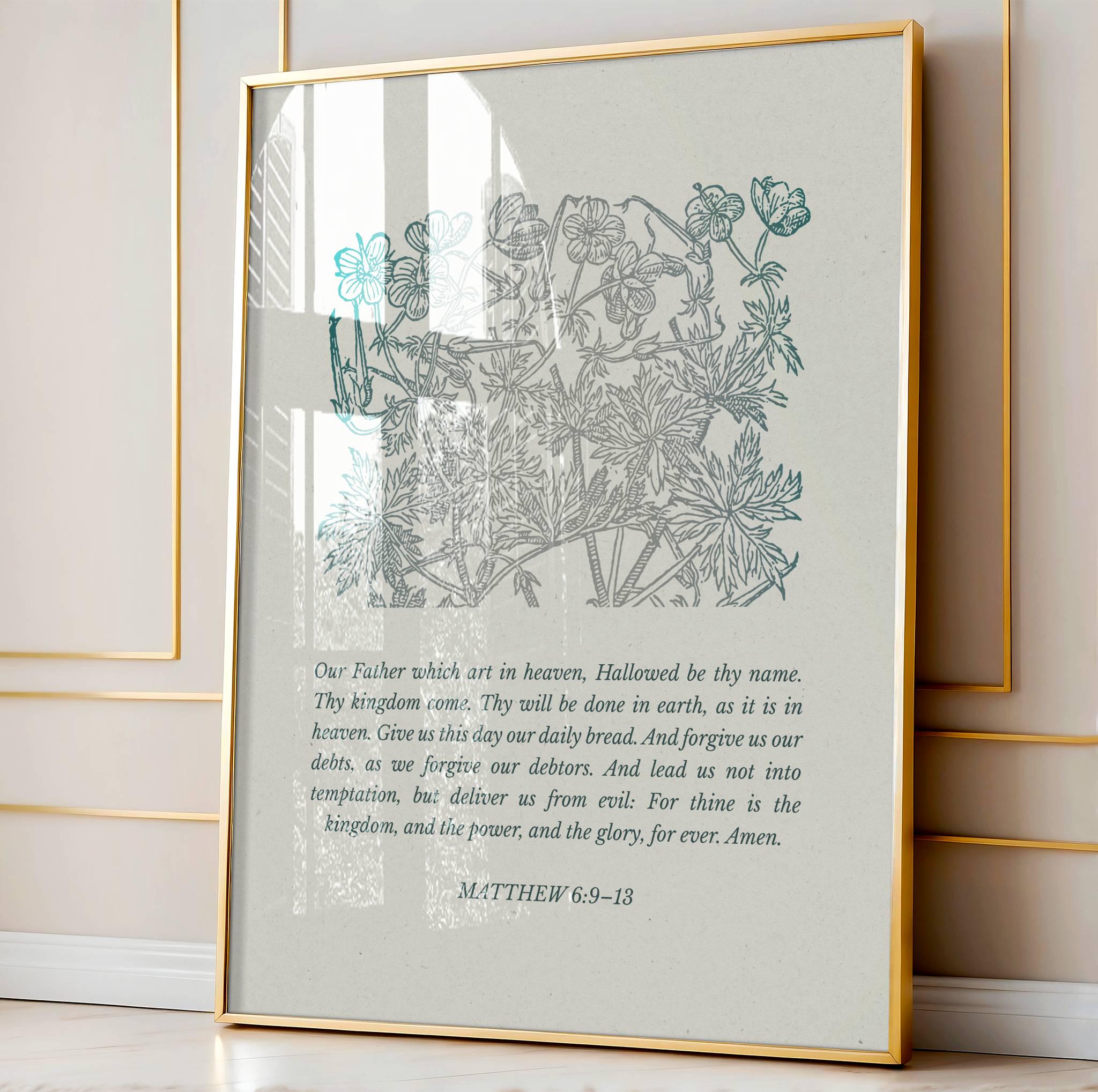 Matthew 6:9 Scripture Wall Art - The Lord's Prayer Blue Floral Print - Reflourish Collective