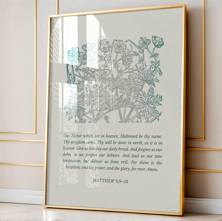 Matthew 6:9 Scripture Wall Art - The Lord's Prayer Blue Floral Print - Reflourish Collective