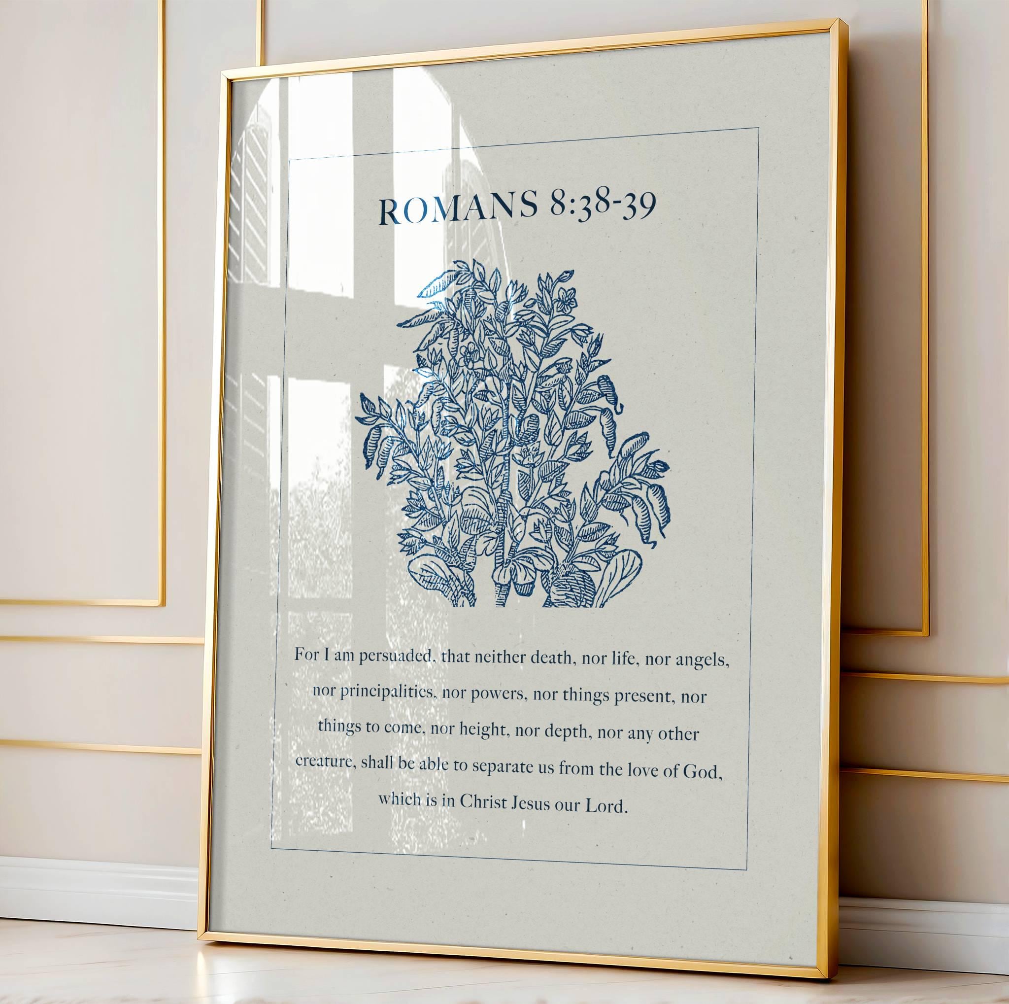 Romans 8:38-39 Scripture Wall Art - Nothing Can Separate Us Blue Botanical Print - Reflourish Collective
